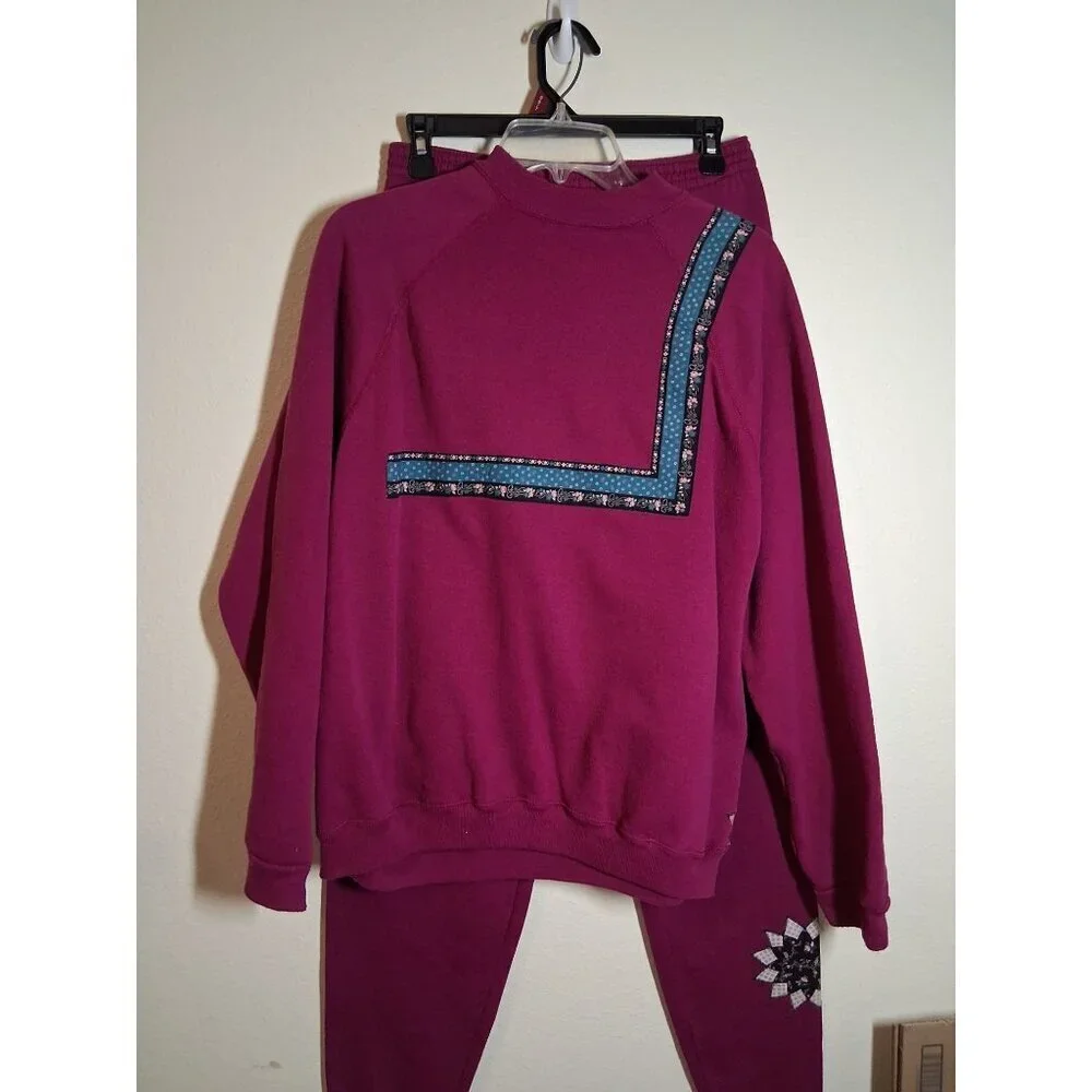 Tultex Magenta Sweatshirt and Joggers Set with Patchwork Flower Accents